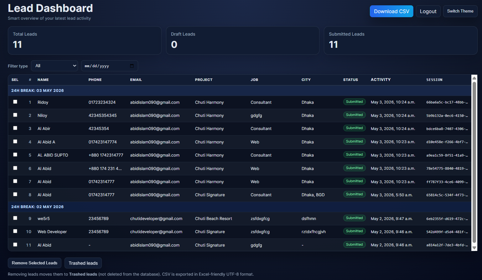 Lead Collection and Management System - Admin dashboard and lead form